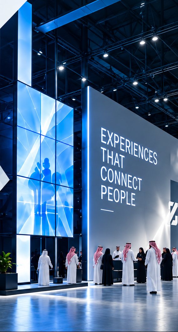 Exhibition booth with a large LED wall reading “Experiences that connect people”