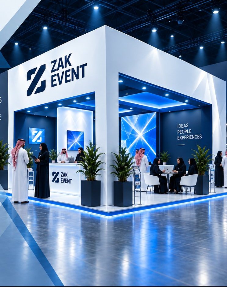 White exhibition booth with the ZAK Event logo