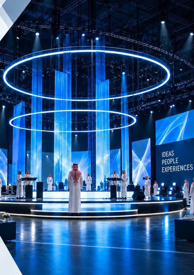 Circular stage with light rings and LED pillars
